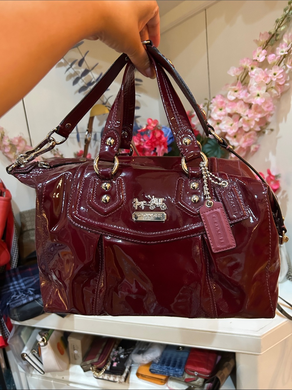 Coach Patent Satchel in Rich Burgundy Patent Leather